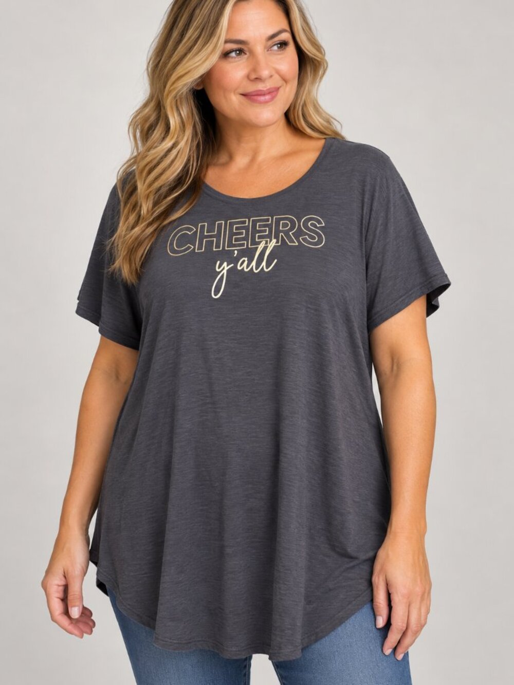 Maurices XL Cheers Y’all Gray Graphic Tunic Tee Southern Casual Relaxed
